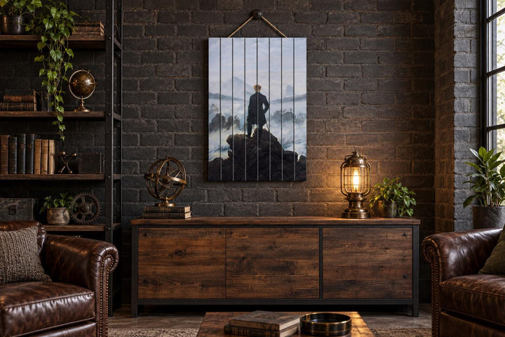 Wanderer Above the Sea of Fog print on distressed wood planks in a dark, rustic home library.
