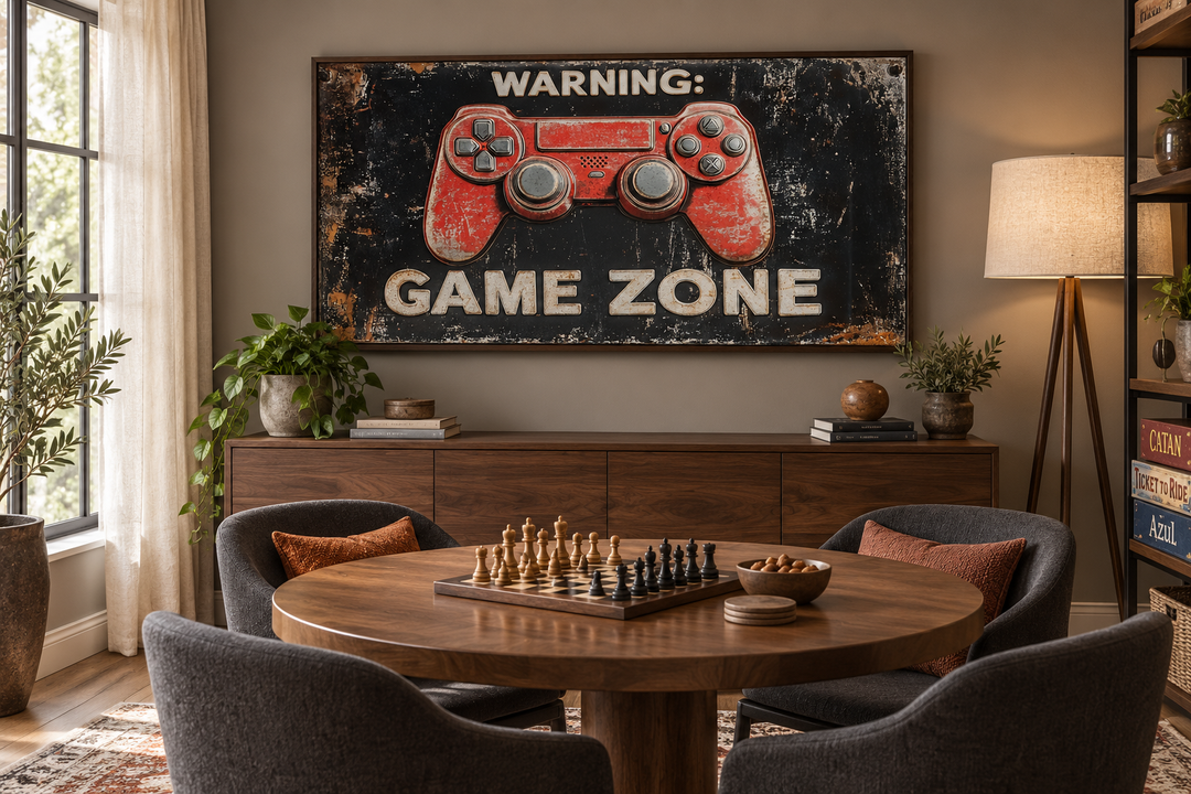 Framed canvas wall art featuring a red game controller and 'Warning: Game Zone' text in a game room.