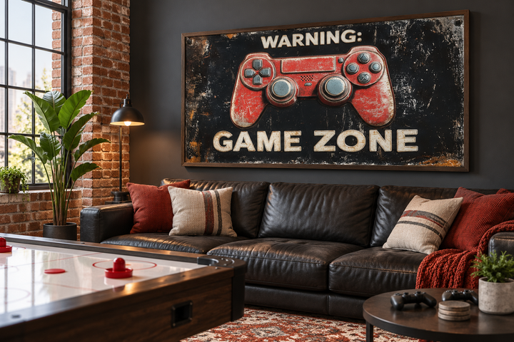 Framed canvas wall art of a red game controller with Warning Game Zone text in a modern game room.