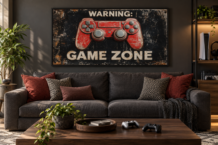 Framed canvas wall art of a red graffiti game controller with "Warning: Game Zone" text.