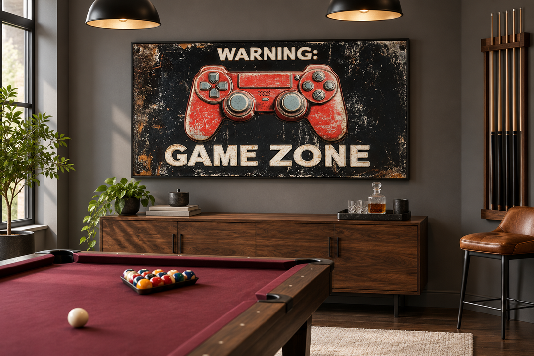 Framed canvas wall art of a red game controller with 'WARNING: GAME ZONE' text in a game room.
