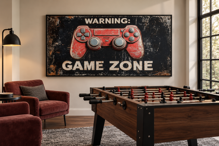 Framed canvas wall art featuring a red game controller and the text "WARNING: GAME ZONE".