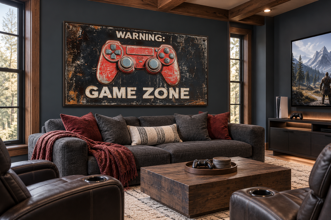 Framed canvas wall art featuring a red graffiti game controller and Warning Game Zone text.