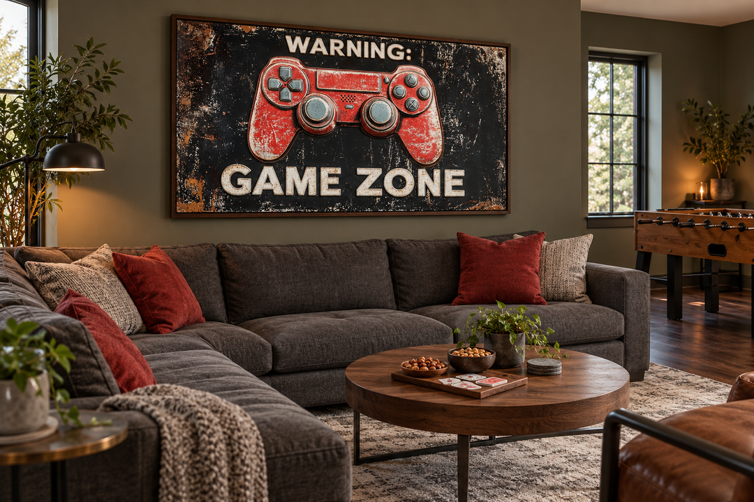 Framed canvas wall art of a red graffiti game controller with "Warning: Game Zone" text.