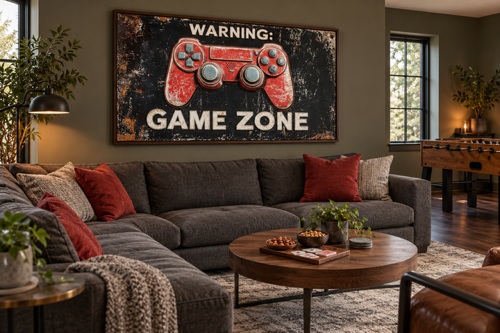 Framed canvas wall art of a red graffiti game controller with "Warning: Game Zone" text.