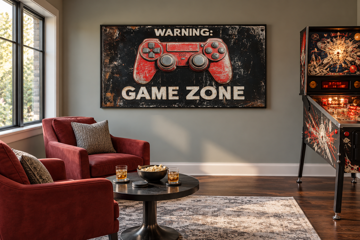 Framed canvas wall art of a red game controller with "Warning: Game Zone" text in a game room.