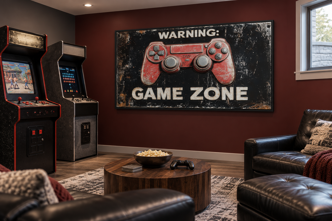 Framed canvas wall art featuring a red game controller and "Warning: Game Zone" in a game room.