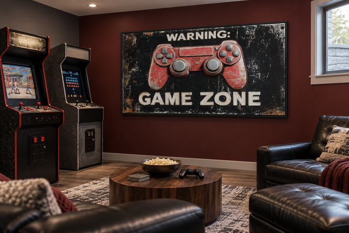 Framed canvas wall art featuring a red game controller and "Warning: Game Zone" in a game room.