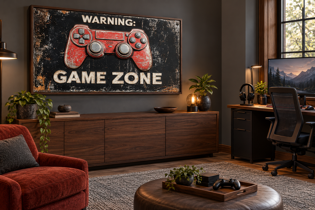 Framed canvas wall art of a red game controller with Warning Game Zone text in a modern game room.