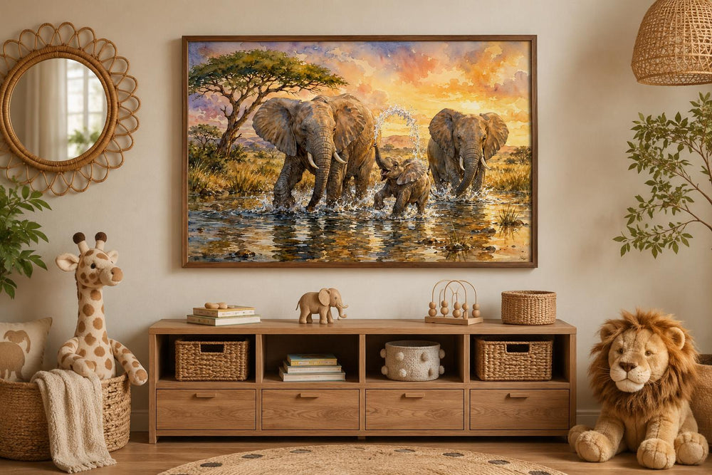 Watercolor Elephant Family Splashing Canvas Print for Baby Room Decor