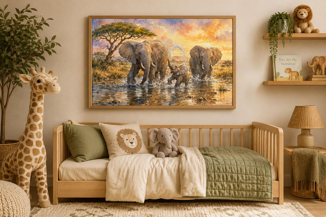 Watercolor Elephant Family Splashing Canvas Print for Baby Room Decor