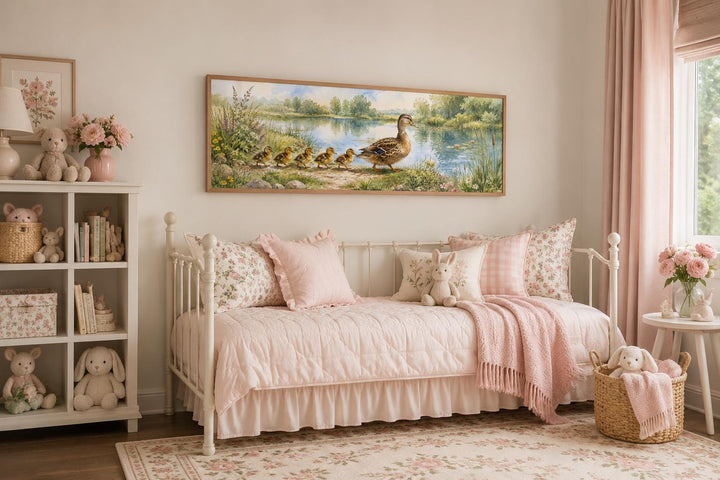 Watercolor mother duck and ducklings canvas print above a pink daybed in a nursery.