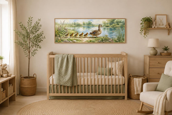 Watercolor mother duck and ducklings canvas print hanging above a wooden crib in a neutral nursery.