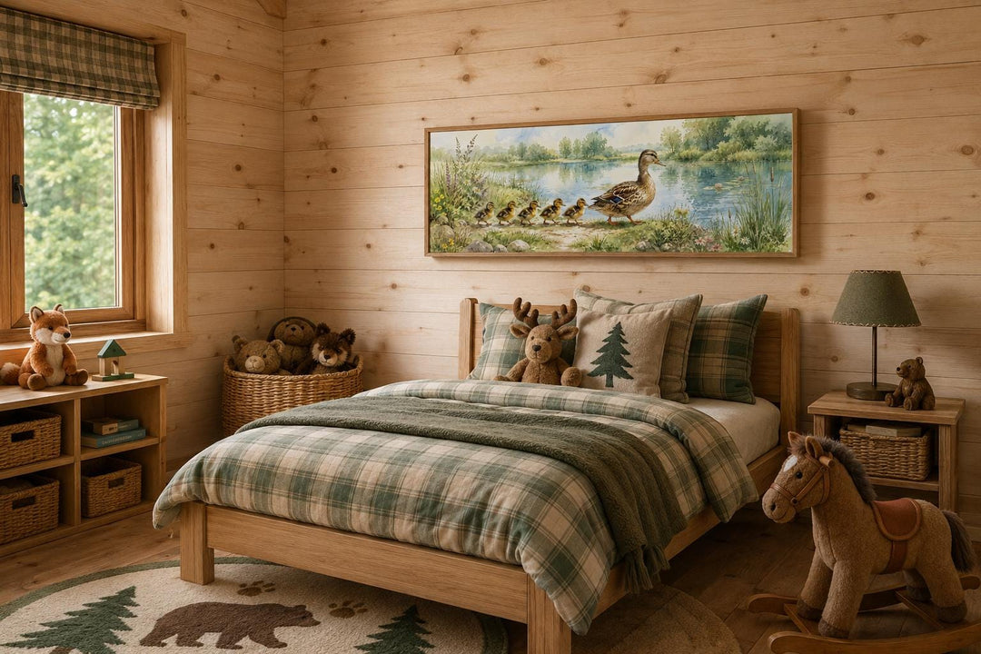 Watercolor mother duck and ducklings canvas print hanging in a rustic, wood-paneled nursery.
