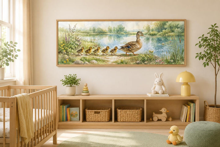 Panoramic watercolor canvas of a mother duck and ducklings by a pond in a neutral nursery.