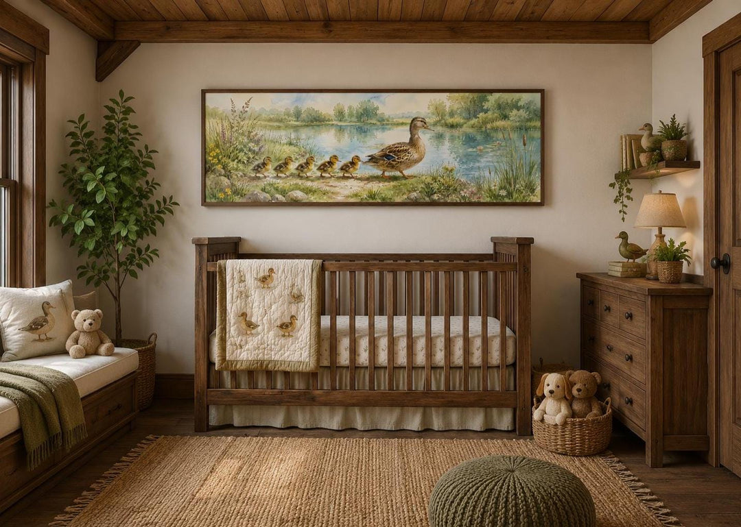 Watercolor mother duck and ducklings canvas print hanging above a wooden crib in a nursery.