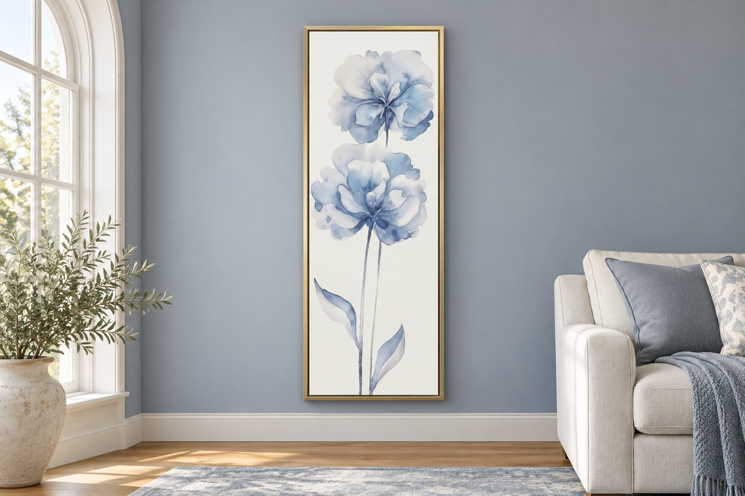 Long narrow vertical framed canvas with two pale blue watercolor flowers on a white background.