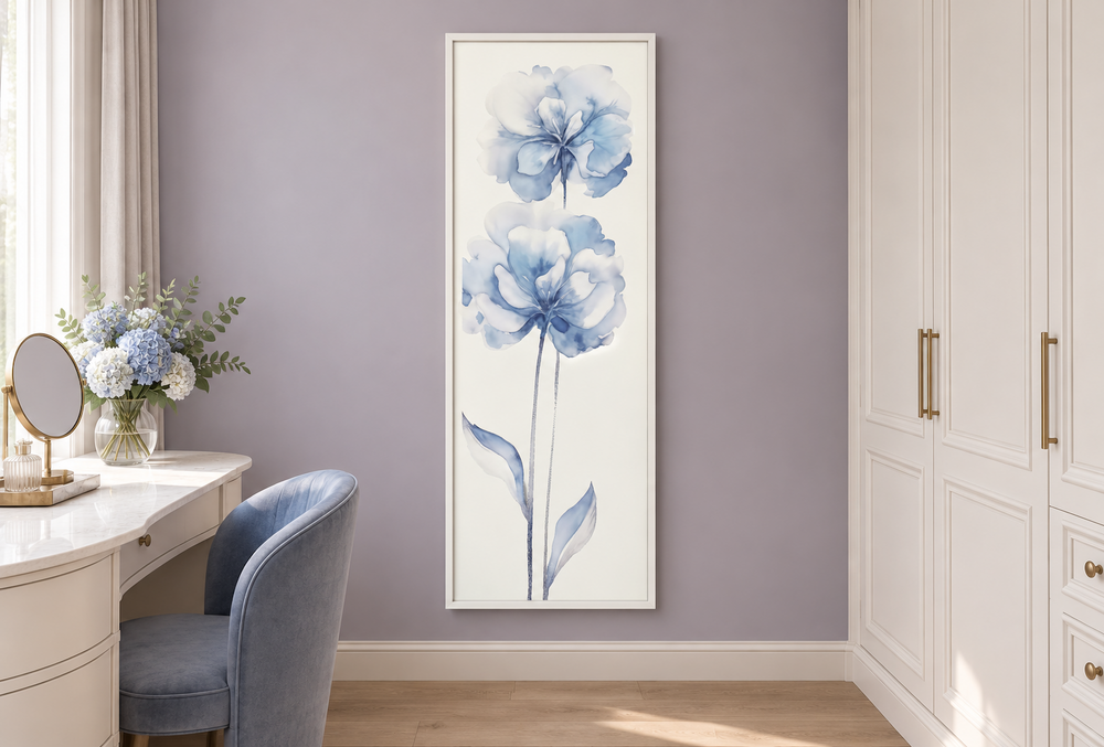 Long narrow vertical framed canvas featuring two watercolor pale blue flowers on a white background.