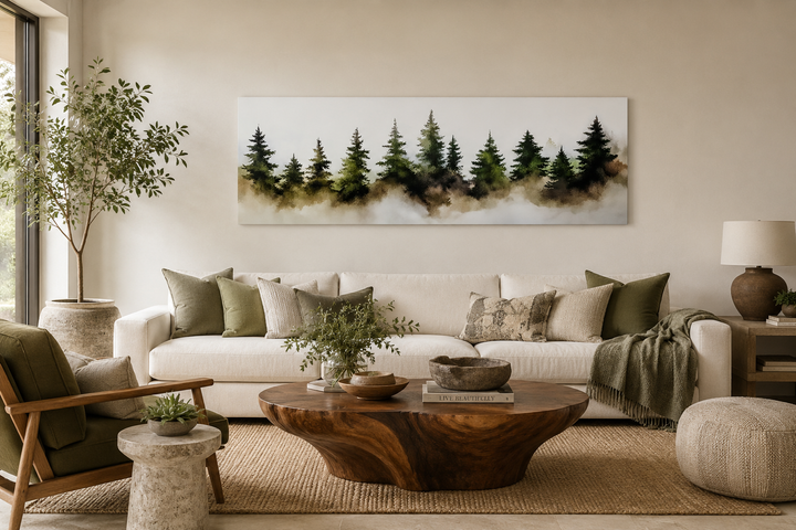 Panoramic watercolor wall art of foggy green pine trees hanging above a white sofa in a living room.