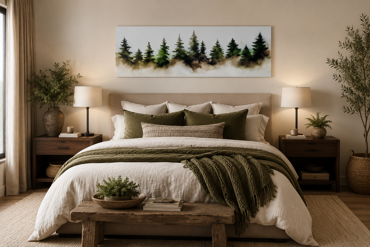 Foggy green pine trees forest horizontal wall art hanging above a bed in a rustic bedroom.