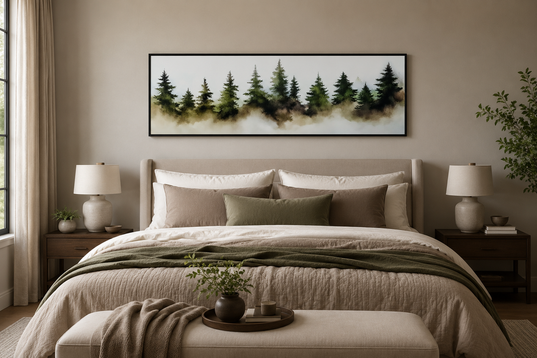Horizontal watercolor painting of a foggy green pine forest hanging above a bed in a bedroom.