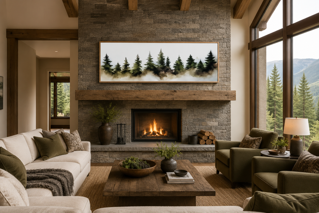 Foggy green pine trees forest horizontal wall art in a wood frame above a stone fireplace.