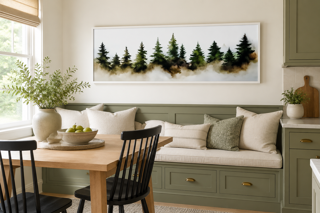 Foggy green pine trees forest horizontal watercolor wall art above a green kitchen breakfast nook.
