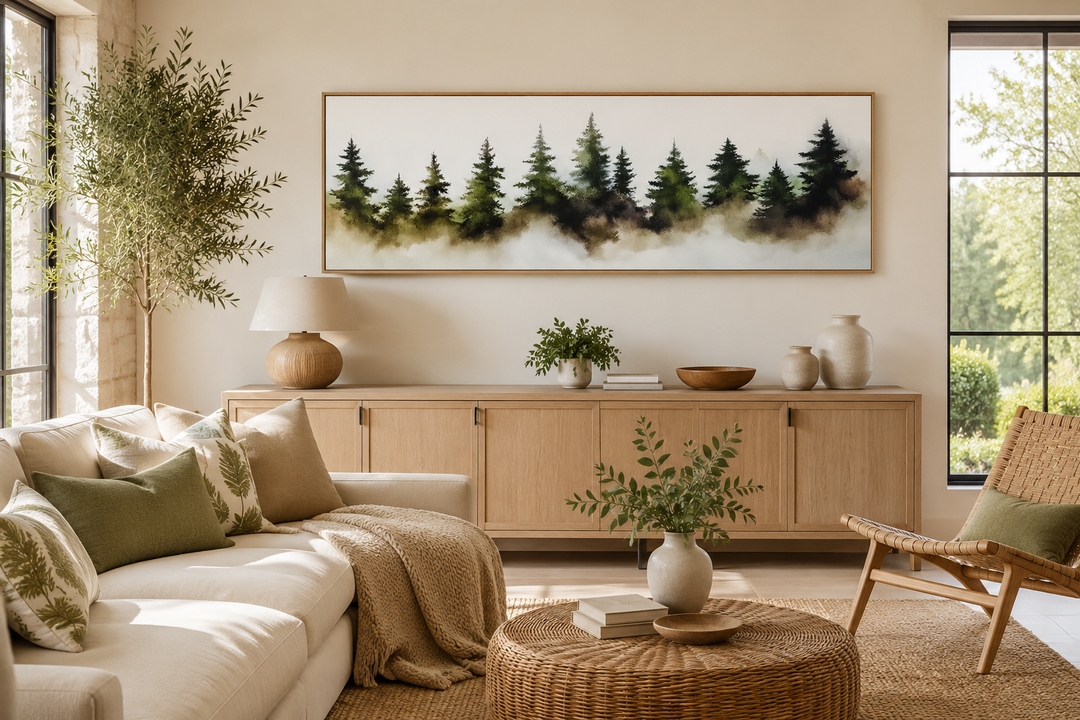 Foggy green pine forest watercolor painting in a horizontal frame above a wooden sideboard.