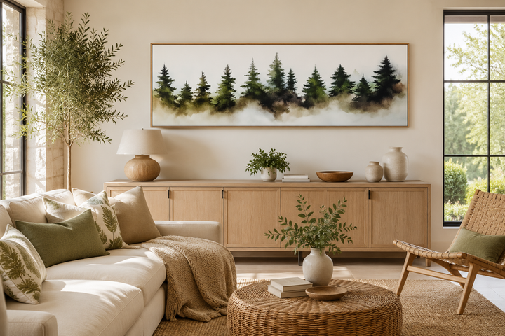 Foggy green pine forest watercolor painting in a horizontal frame above a wooden sideboard.
