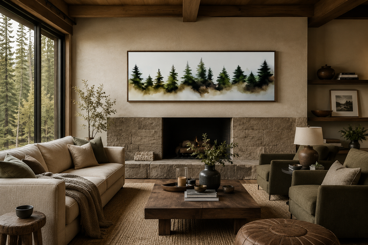 Foggy green pine tree forest horizontal wall art hanging above a stone fireplace in a rustic room.