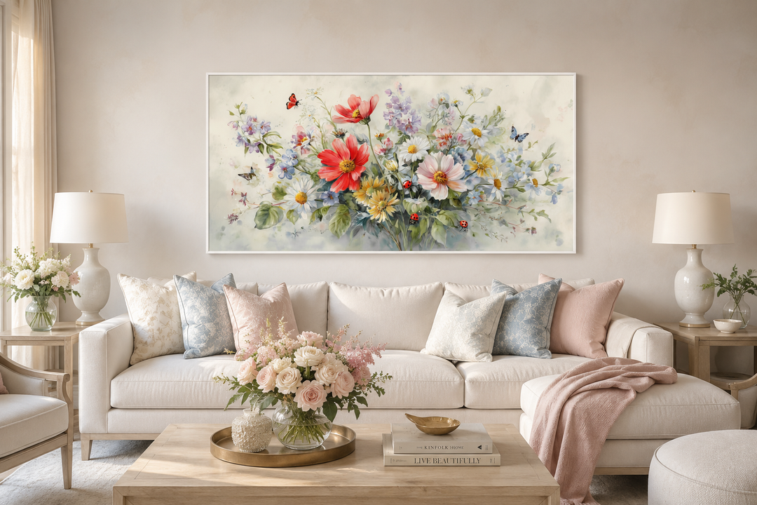 Watercolor framed canvas wall art of a red wildflower bouquet with ladybugs and butterflies.