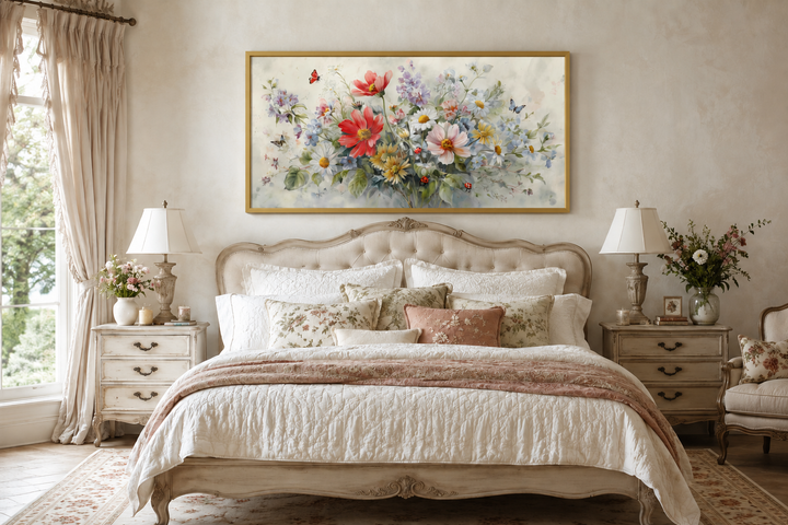 Red wildflowers bouquet with ladybugs and butterflies watercolor botanical framed canvas wall art.