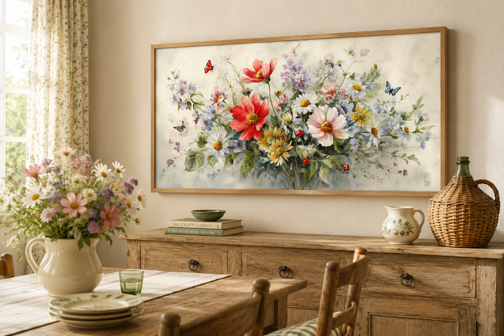 Watercolor framed canvas art of red wildflowers, butterflies, and ladybugs above a wooden sideboard.