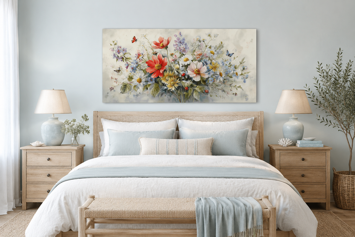 Red wildflowers bouquet watercolor botanical framed canvas wall art above a bed in a bedroom.