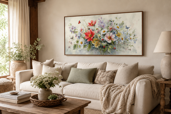 Red wildflowers bouquet watercolor framed canvas wall art with ladybugs and butterflies over a sofa.