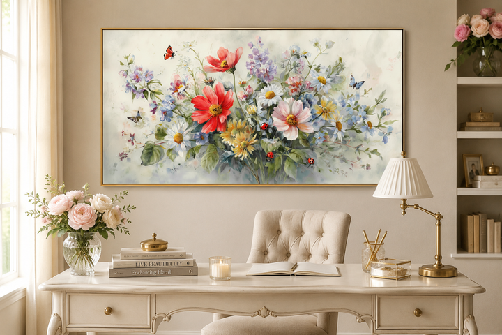 Watercolor red wildflower bouquet framed canvas art with butterflies and ladybugs above a desk.