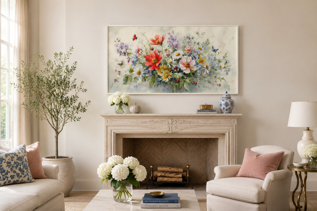 Framed watercolor canvas of red wildflowers with ladybugs and butterflies above a fireplace.