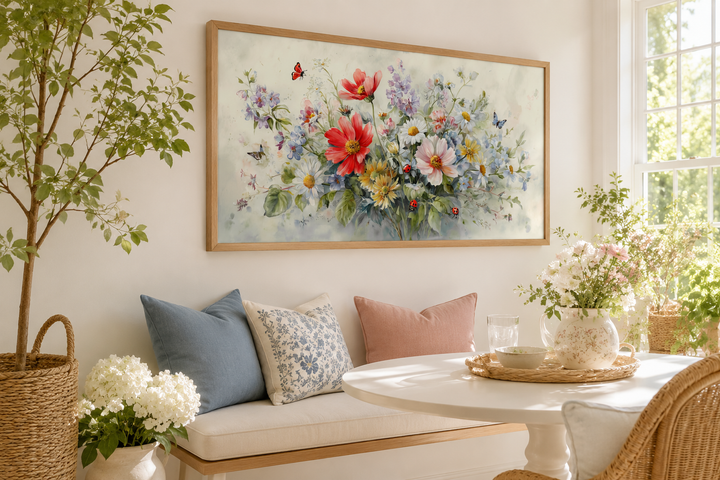 Watercolor red wildflower bouquet framed canvas wall art with ladybugs and butterflies.