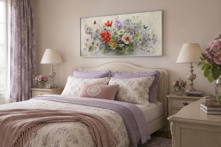Red wildflowers bouquet with ladybugs and butterflies watercolor botanical framed canvas wall art.