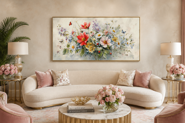 Framed watercolor canvas art of red wildflowers with butterflies and ladybugs above a cream sofa.