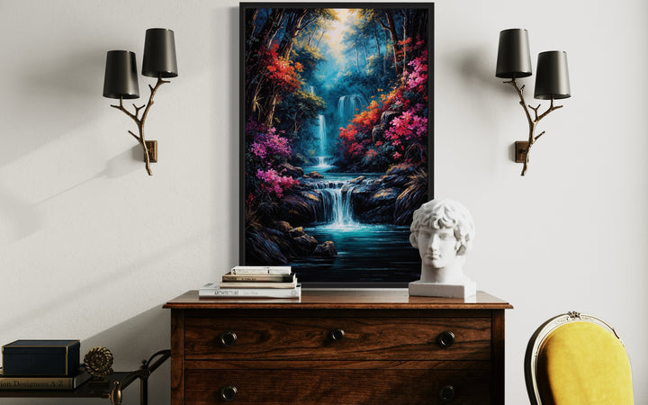 Waterfall In Fantasy Forest Painting Framed Canvas Wall Art