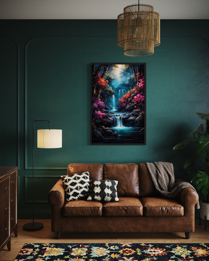 Waterfall In Fantasy Forest Painting Framed Canvas Wall Art