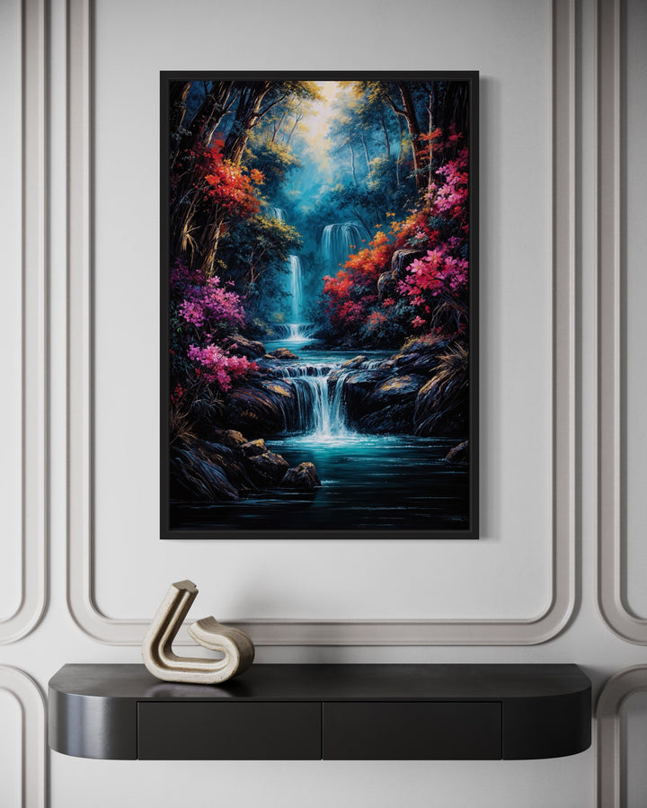 Waterfall In Fantasy Forest Painting Framed Canvas Wall Art