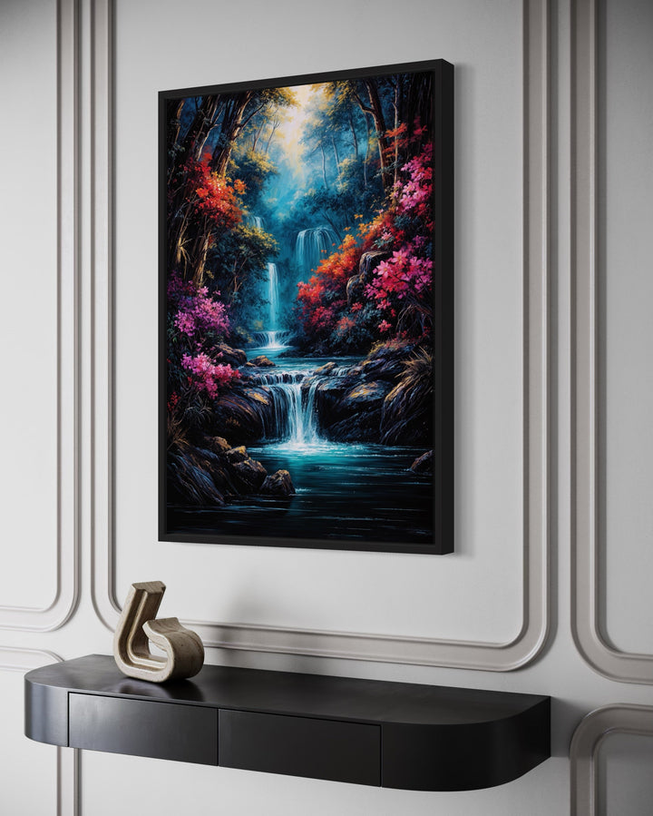 Waterfall In Fantasy Forest Painting Framed Canvas Wall Art