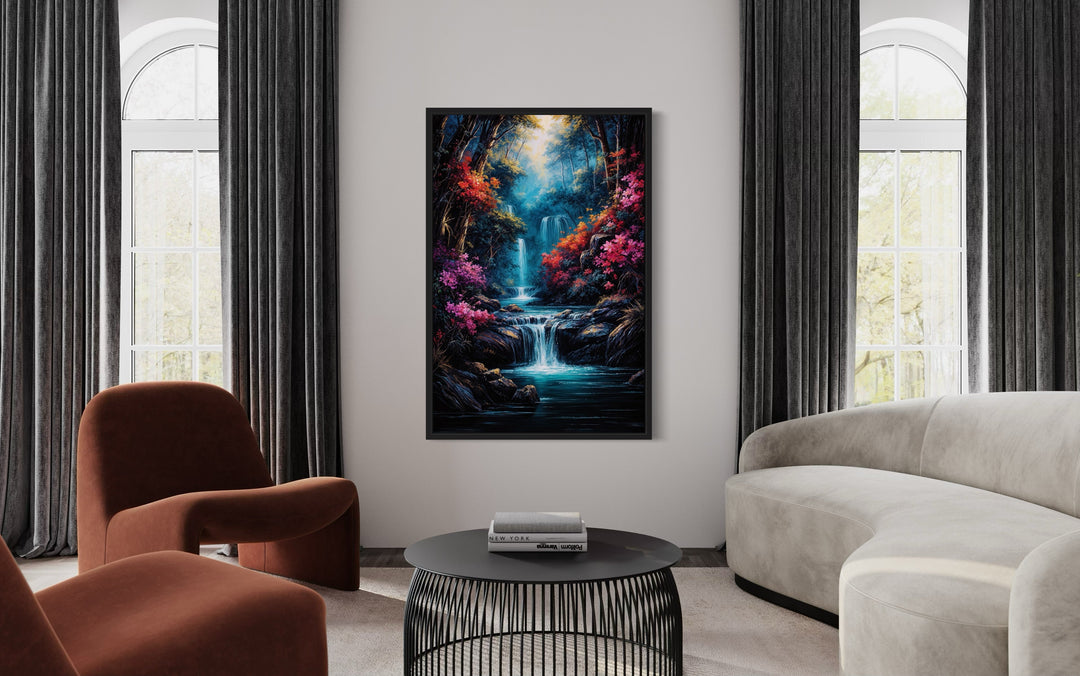 Waterfall In Fantasy Forest Painting Framed Canvas Wall Art