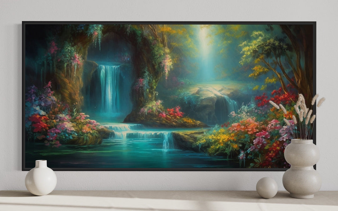 Waterfall In Magical Enchanted Tropical Forest Framed Canvas Wall Art