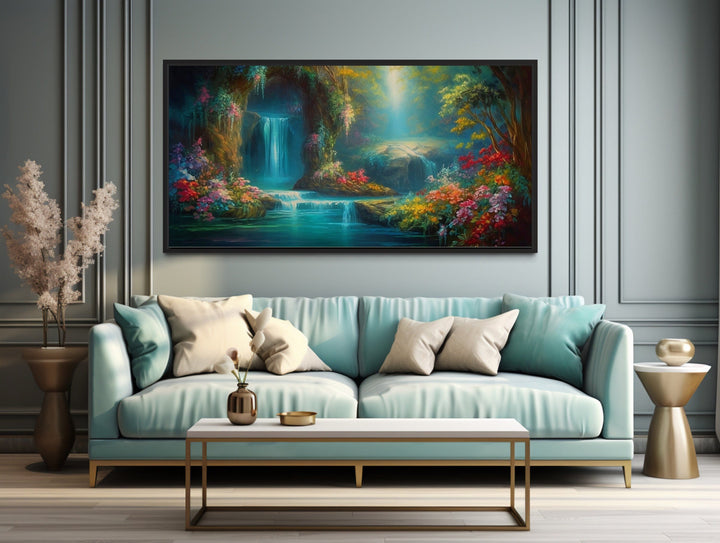 Waterfall In Magical Enchanted Tropical Forest Framed Canvas Wall Art