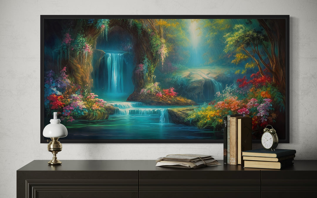 Waterfall In Magical Enchanted Tropical Forest Framed Canvas Wall Art