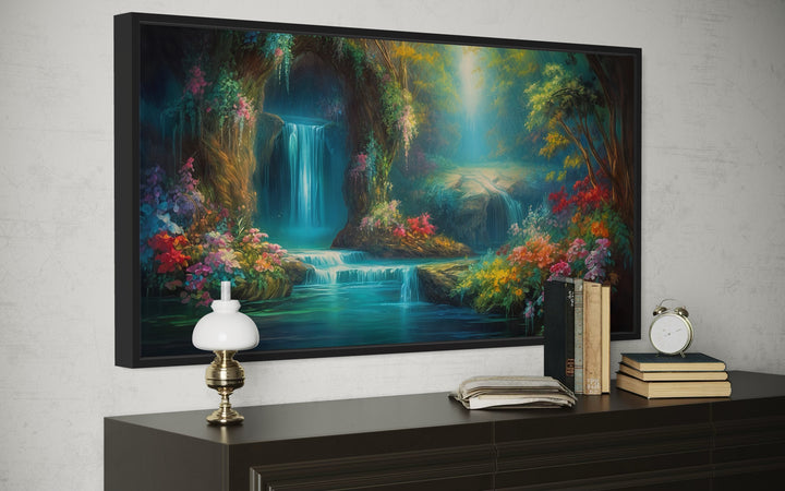 Waterfall In Magical Enchanted Tropical Forest Framed Canvas Wall Art