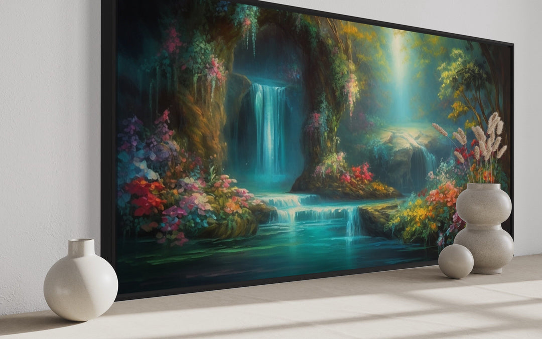 Waterfall In Magical Enchanted Tropical Forest Framed Canvas Wall Art